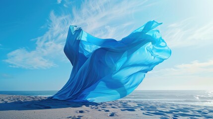 Wall Mural - A woman wearing a blue dress standing on the beach, possibly relaxing or enjoying the scenery