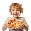 © Pier Fax - Child with large slice of pizza. Cutout, white background, graphic material. Overjoyed child eats Italian pizza. Advertising image, food, home food delivery, hunger, family, happiness.