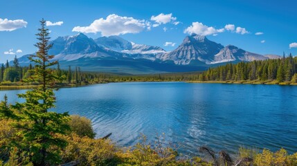 Sticker - A serene lake surrounded by lush greenery and a majestic mountain in the background, perfect for travel or outdoor adventure use