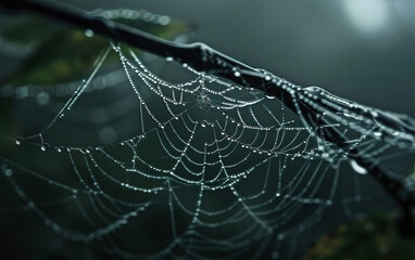Wall Mural - A spider web is covered in raindrops, creating a moody and mysterious atmosphere