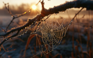Wall Mural - A spider web is hanging from a tree branch