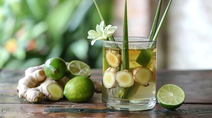 Wall Mural - Ginger Lemon Drink Recipe with Lemongrass