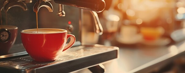 An espresso machine brews hot coffee into a vibrant red cup in a cozy cafe setting, capturing the essence of a freshly made morning drink with a touch of charm.