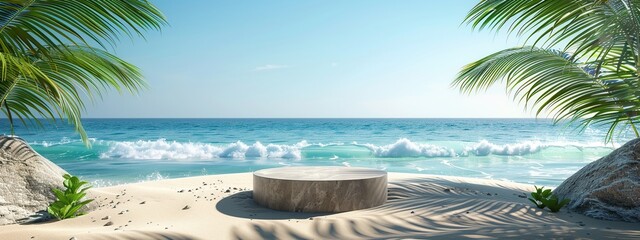 Tropical Beach Scene with Stone Podium