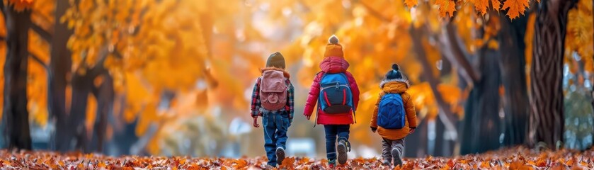 Children walking to school under a canopy of autumn leaves, back to school, fall season