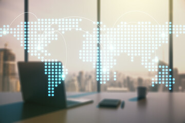 Wall Mural - abstract creative world map with connections and modern desktop with computer on background, interna