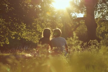 Poster - Couple of happy young adult picnic sun photography sunlight.