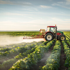 spraying pesticide with tractor at agriculture field