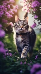 Poster - A cat running in the summer flowers garden photography purple asteraceae.