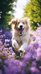 Wall Mural - A dog running in the summer flowers garden purple vegetation asteraceae.