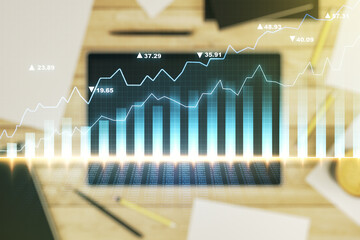 Wall Mural - Multi exposure of abstract creative financial chart and digital tablet on background, top view, research and analytics concept