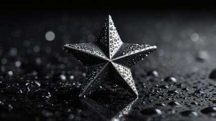 Sparkling silver star on black backdrop with water droplets.