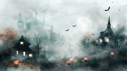 Wall Mural - Halloween theme background with pumpkins, old houses and foggy trees. Fantasy illustration for photo wallpaper or backdrop, wall art design. Halloween decorations