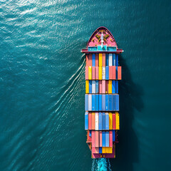 Aerial view of a container ship sailing on the ocean, global business import export logistic transportation