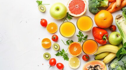 Wall Mural - Fresh fruits and vegetables on a white table and two glasses of fresh juice. white background
