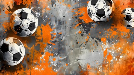 Canvas Print - Soccer balls on orange and grey splatter background.