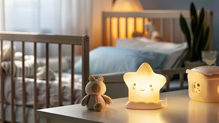 A smiling star-shaped night light illuminates a wooden table in a bedroom