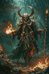 Wall Mural - Terrifying man in a skull mask with horns, in a dark forest, with a staff, near a burning fire, evoking a sense of horror.