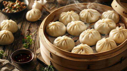 Close-up of a tasty looking baozi a traditional Chinese steamed buns on a wooden Chinese plate with restaurant serve