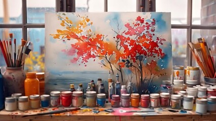 Poster - This Art materials and finished artworks in artist's studio, creative workspace