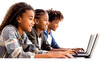© losvectoresdemaria - Three children are sitting at a table with laptops, smiling and laughing. They seem to be enjoying their time together while working on their laptops