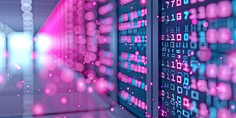 digital screen with blue and purple glowing data with blur background