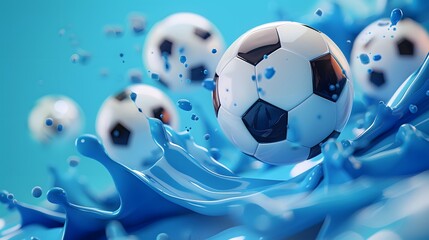 Wall Mural - Soccer Ball Splashing Through Blue Liquid.