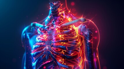 A glowing, artistic representation of the human ribcage and upper body anatomy against a dark background, highlighting skeletal and muscular structures.