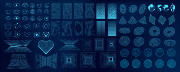 Wall Mural - abstract 3d wireframe shapes, mesh grids, and geometric forms. neon blue y2k designs with futuristic