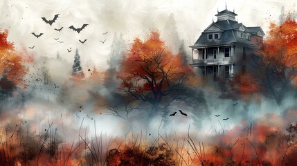 Wall Mural - Halloween theme background with pumpkins, old houses and foggy trees. Fantasy illustration for photo wallpaper or backdrop, wall art design. Halloween decorations