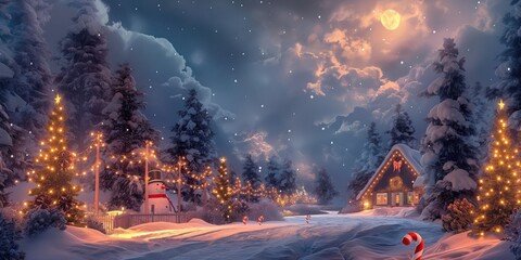 a festive Christmas abstract landscape background with snow-covered pine trees, twinkling holiday lights, and a cozy, warmly lit cabin in the distance