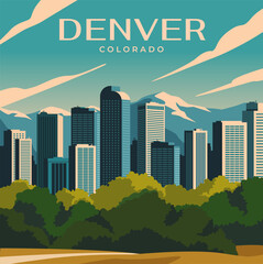 poster with landscape of denver, colorado. modern cityscape of usa city with skyscrapers of business