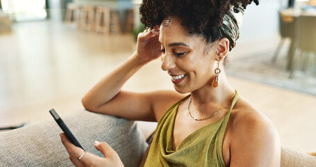 Poster - Woman, phone and relax on couch to chat, typing and search on social media or internet in home. Female person, texting and smile for online communication, connection and app for message in lounge