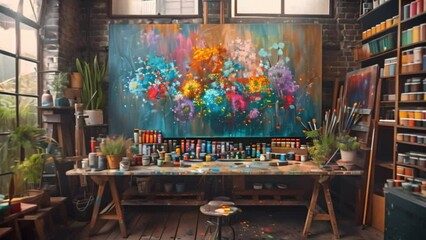 Poster - This View of artist's studio with canvases and tools, work in progress.