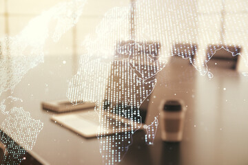 Wall Mural - multi exposure of abstract graphic world map on computer background, connection and communication co