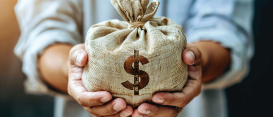 A man holding an money bag with the dollar sign on it