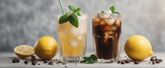 Canvas Print - Summer cocktails lemonade and iced coffee on a transparent background