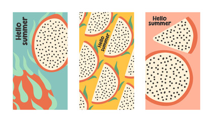 Wall Mural - Summer poster pitahaya set in flat style. Art for poster, postcard, wall art, banner background