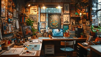 Poster - This Close-up of paintings and artistic tools in studio, creative work environment