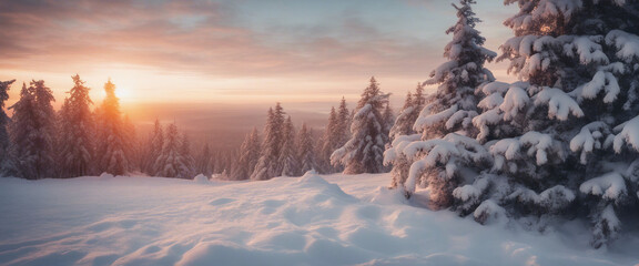 Winter landscape wallpaper with pine forest blank covered with snow and scenic sky at sunset Snowy f