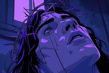 Jesus Wearing Crown of Thorns, Expression of Suffering, Dramatic Religious Illustration
