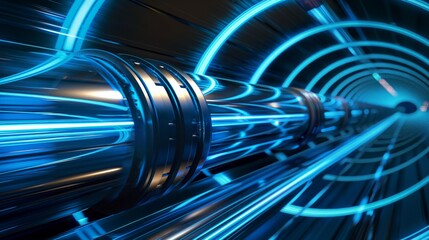 Wall Mural - A dynamic, glowing blue tunnel with metallic structures and light trails, evoking a high-tech, futuristic atmosphere.