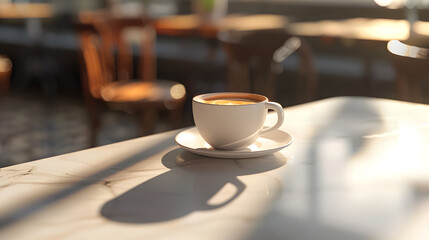 A cup of light coffee in a coffee shop table the theme is light brown, the cup showing entirely on the table in a white coffee espresso mag