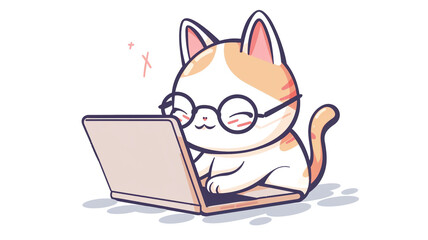 A cute cat wearing glasses is typing on a laptop in doodle style, designed minimally, as a simple chibi anime character sticker on a white background.