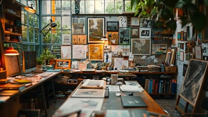 Poster - This Art studio with paintings on easels, various materials in creative process.