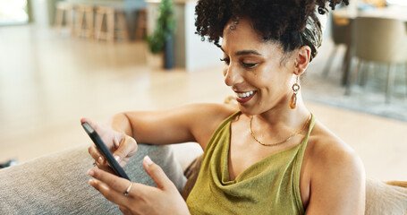 Poster - Woman, phone and relax on sofa to chat, typing and search on social media or internet in home. Female person, texting and smile for online communication, connection and app for message in lounge