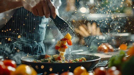 Wall Mural - Realistic photos, high definition 8K A dynamic poster of a left-handed chef preparing a gourmet meal in a vibrant kitchen setting. The background should be filled with lively colors and cooking