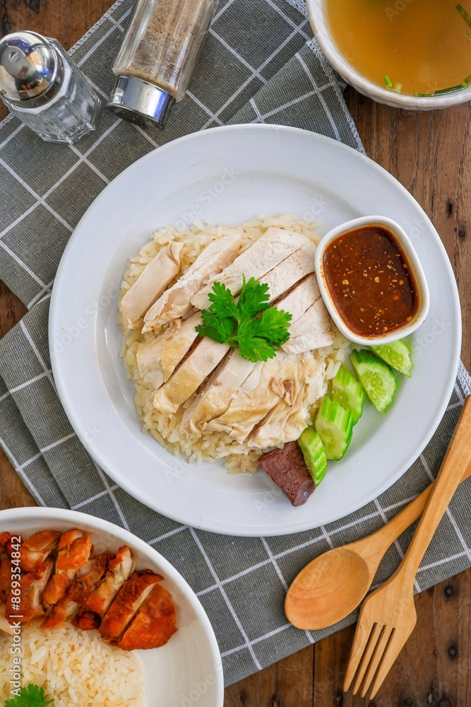 Ruster Rice Chicken and rice with coriander and cucumber with sauce and soup in a ...