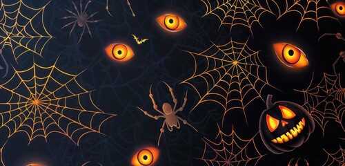 Wall Mural - Spooky Halloween pattern with eerie shadows, spider webs, and glowing eyes on a black background