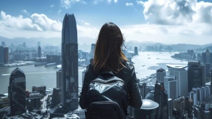 Woman with Backpack Admires Hong Kong Skyline